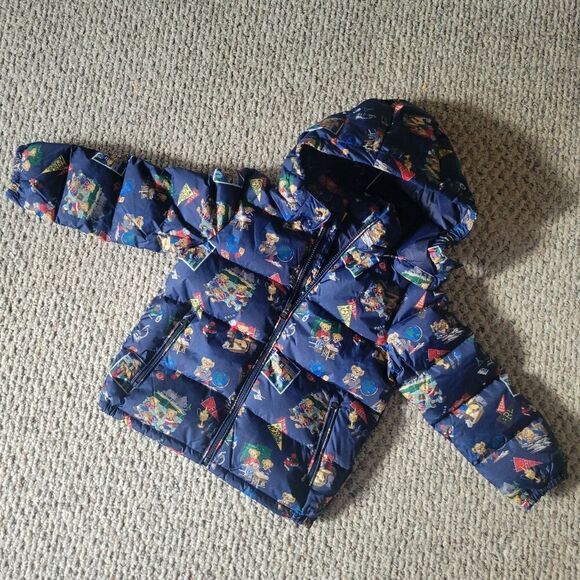 New Polo Bear Ralph Lauren Boy Water Repellent Navy Down Hood Pony Jacket - Picture 2 of 16